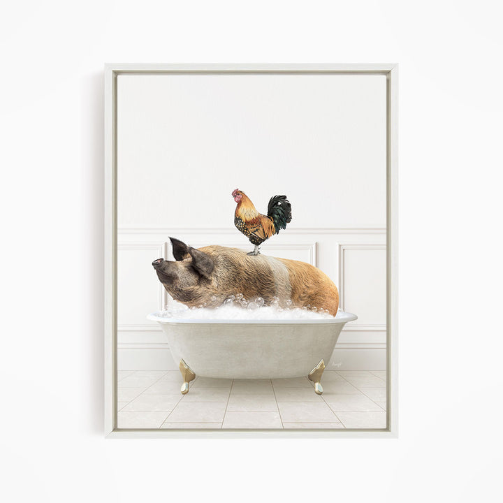 A rooster sits atop a pig in a bathtub, creating a whimsical and humorous scene.