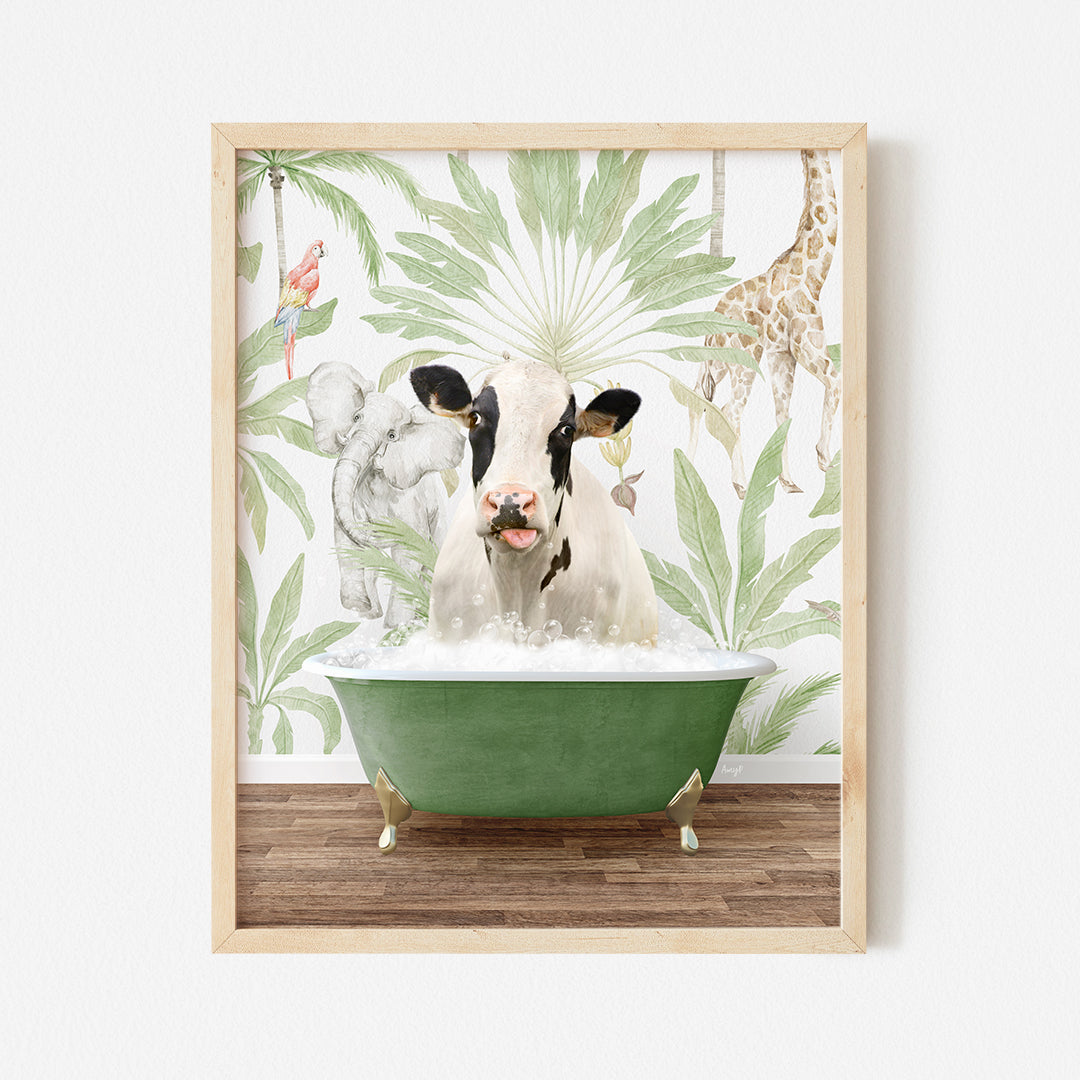 a picture of a cow in a bathtub