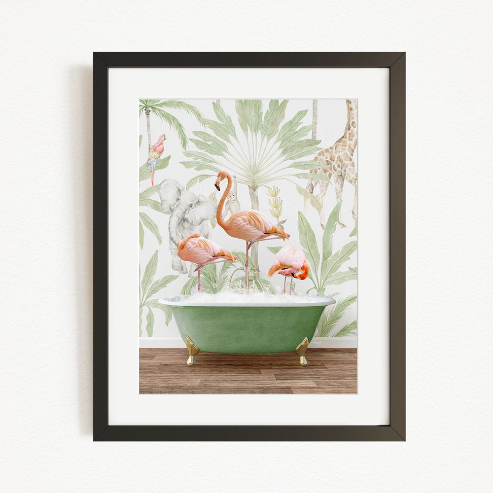 A framed print depicting a group of flamingos standing in a green bathtub, surrounded by a tropical jungle-themed wallpaper.
