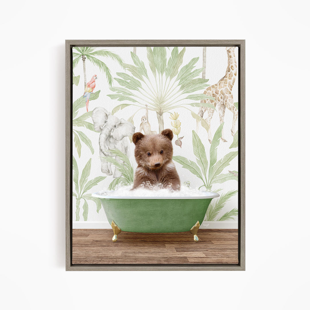 A brown bear sitting in a green bathtub filled with water, surrounded by a tropical jungle wallpaper with various animals and plants.