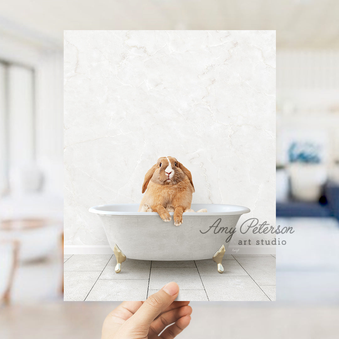 a person holding up a photo of a rabbit in a bathtub