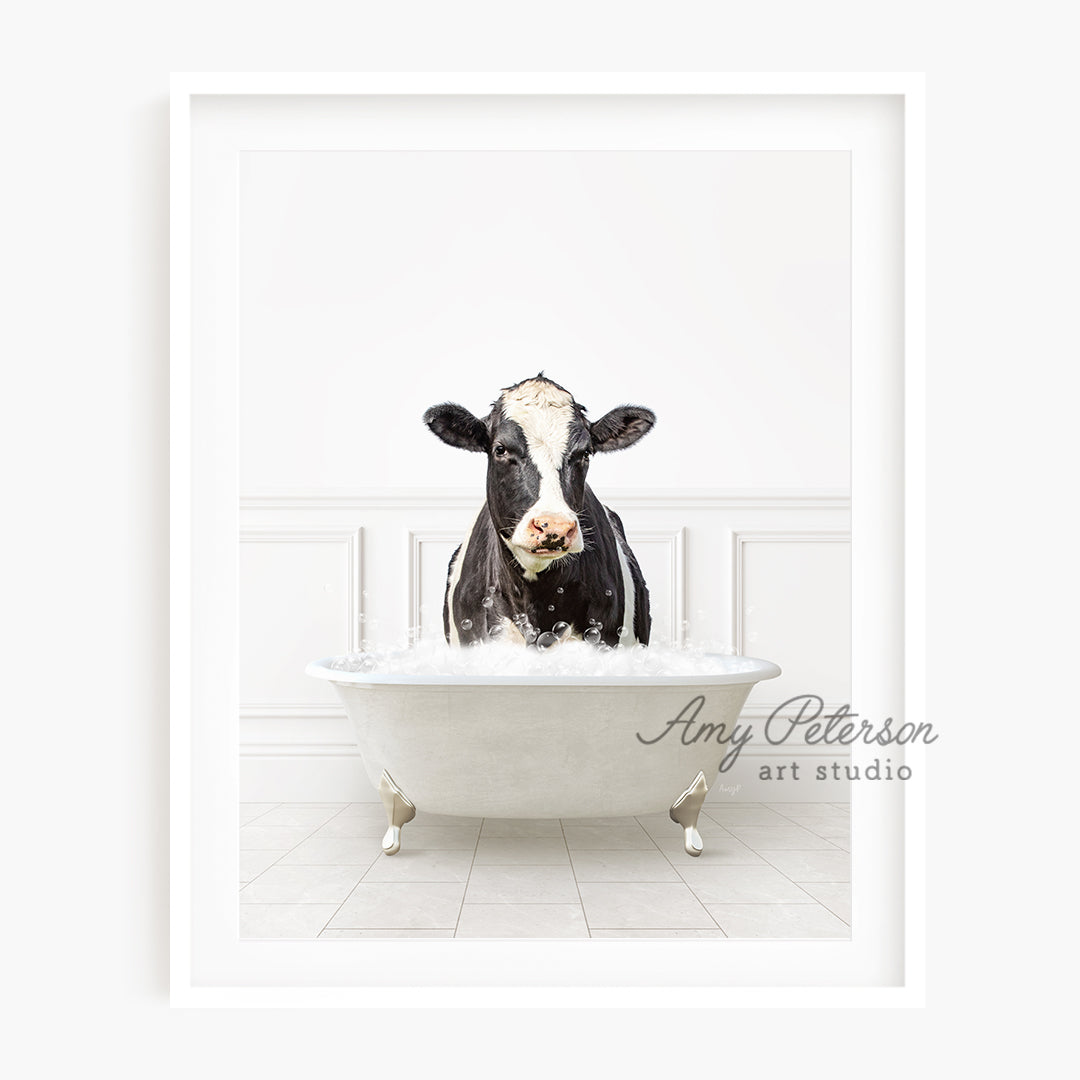 a black and white cow sitting in a bathtub