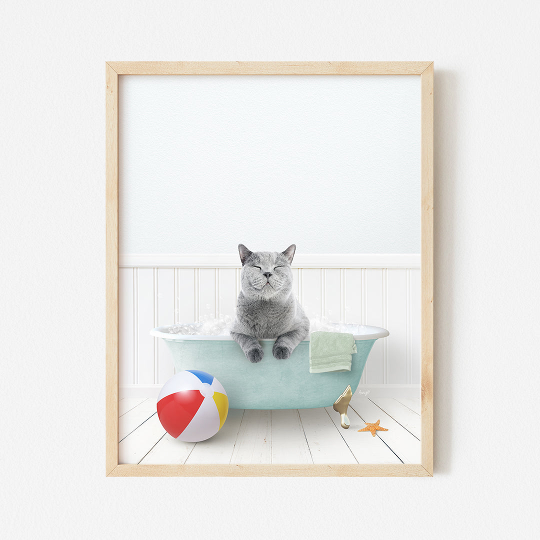 a cat sitting in a bathtub with a beach ball