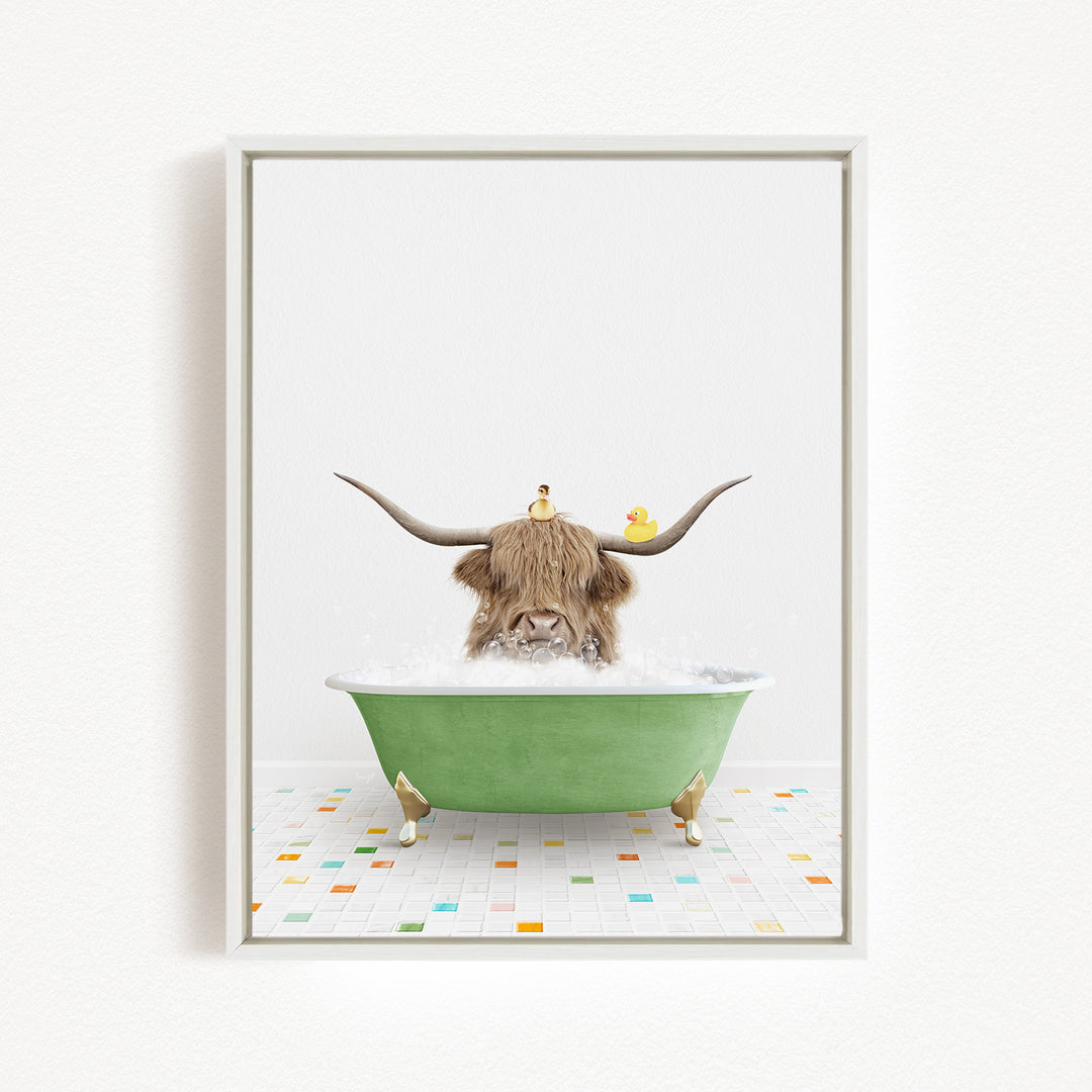A brown cow with large horns is sitting in a green bathtub filled with bubbles, surrounded by rubber ducks.