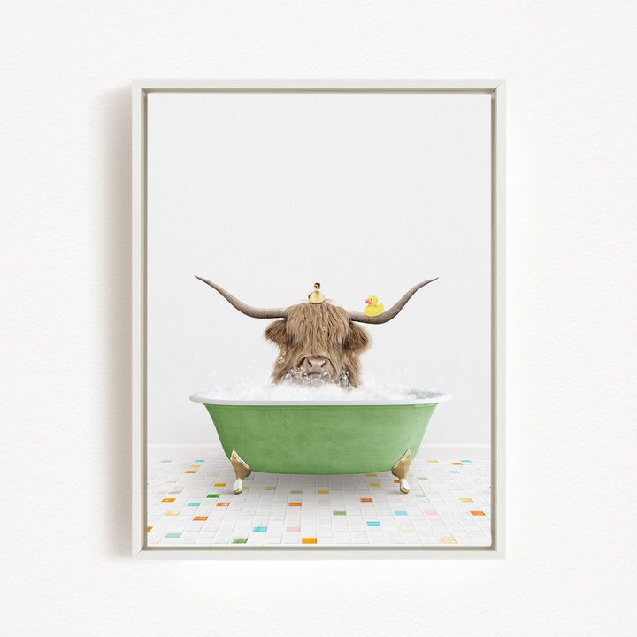 A brown cow with large horns is sitting in a green bathtub filled with bubbles, surrounded by rubber ducks.