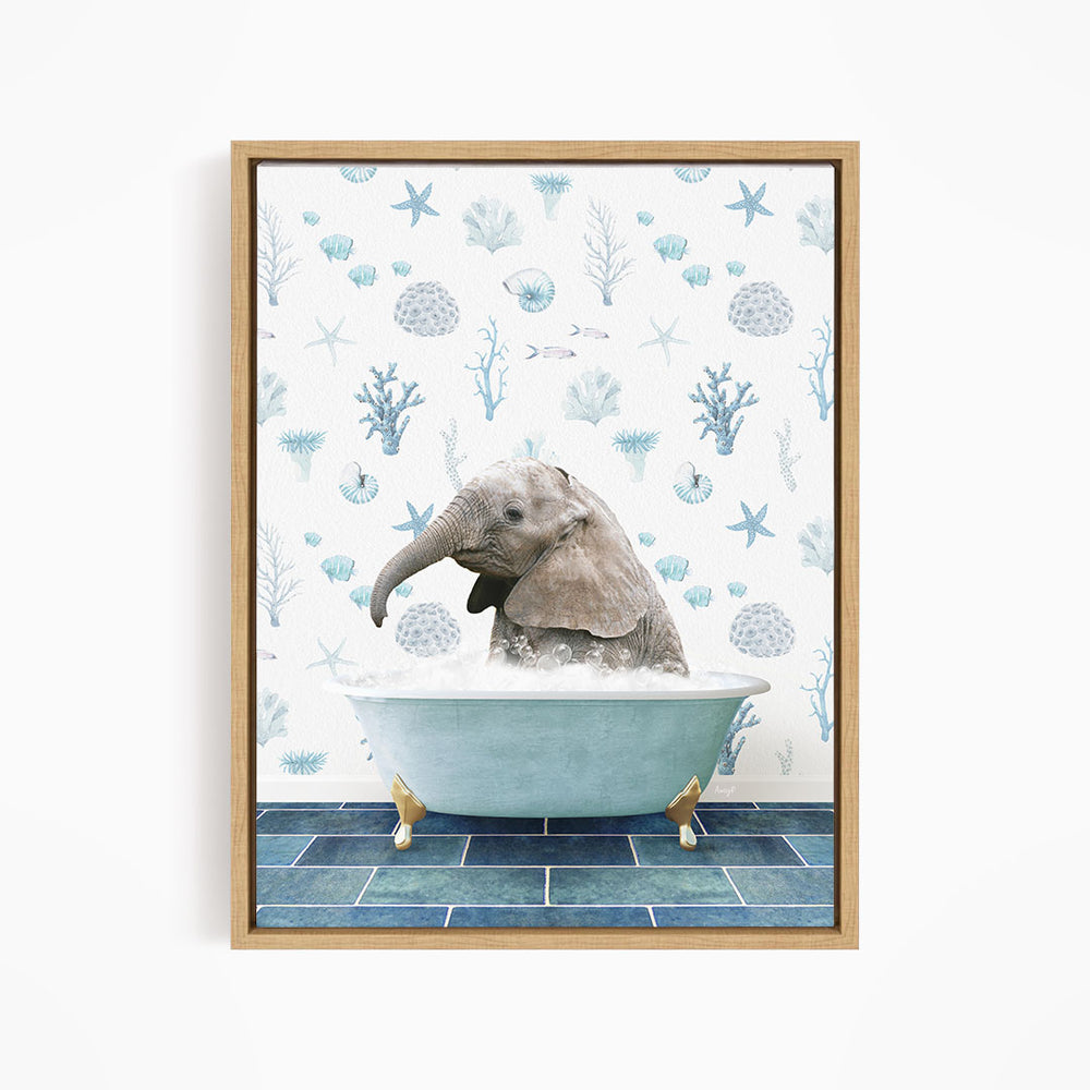 A baby elephant sitting in a blue bathtub filled with water, surrounded by a pattern of seashells, starfish, and other marine life.