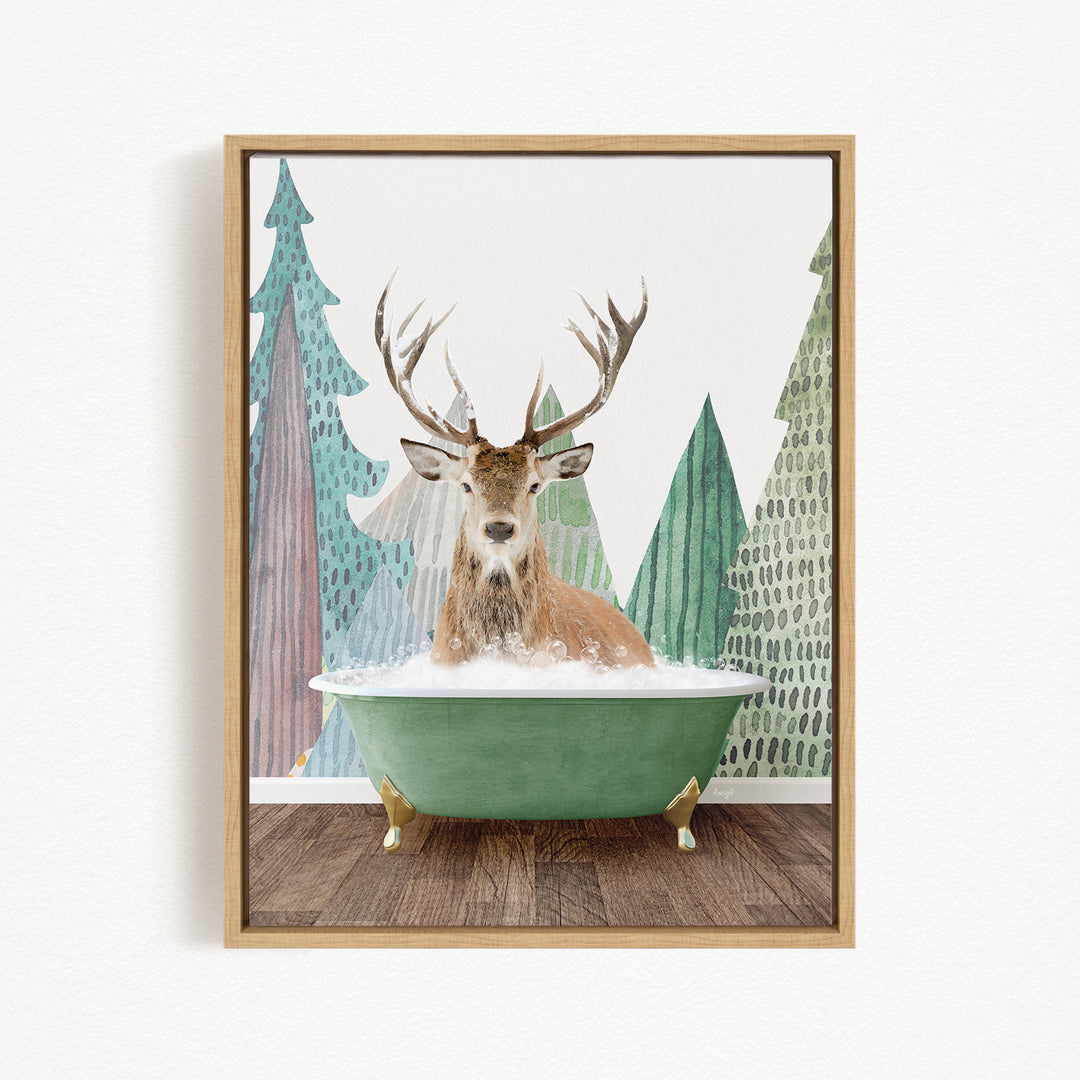 A deer with antlers is sitting in a green bathtub, surrounded by a forest scene with trees and a snowy landscape.