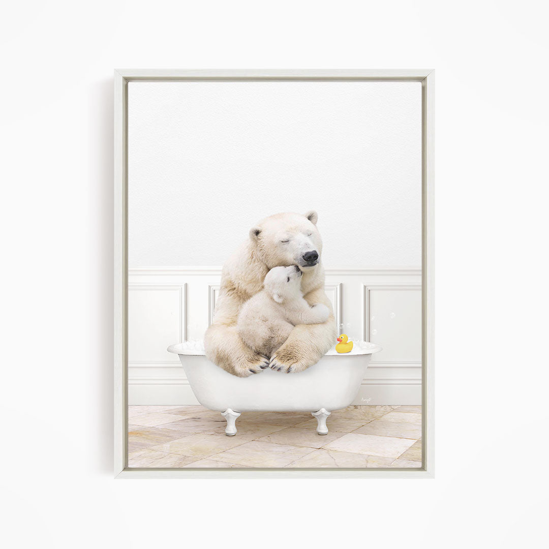 A mother polar bear and her cub cuddling in a white bathtub, with a rubber duck floating on the water.