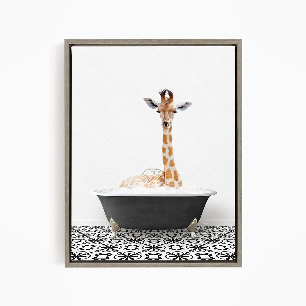 A giraffe is sitting in a bathtub filled with water, creating a whimsical and playful scene.