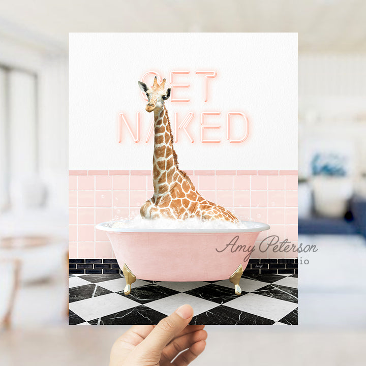 a giraffe is sitting in a bathtub with the words get naked on