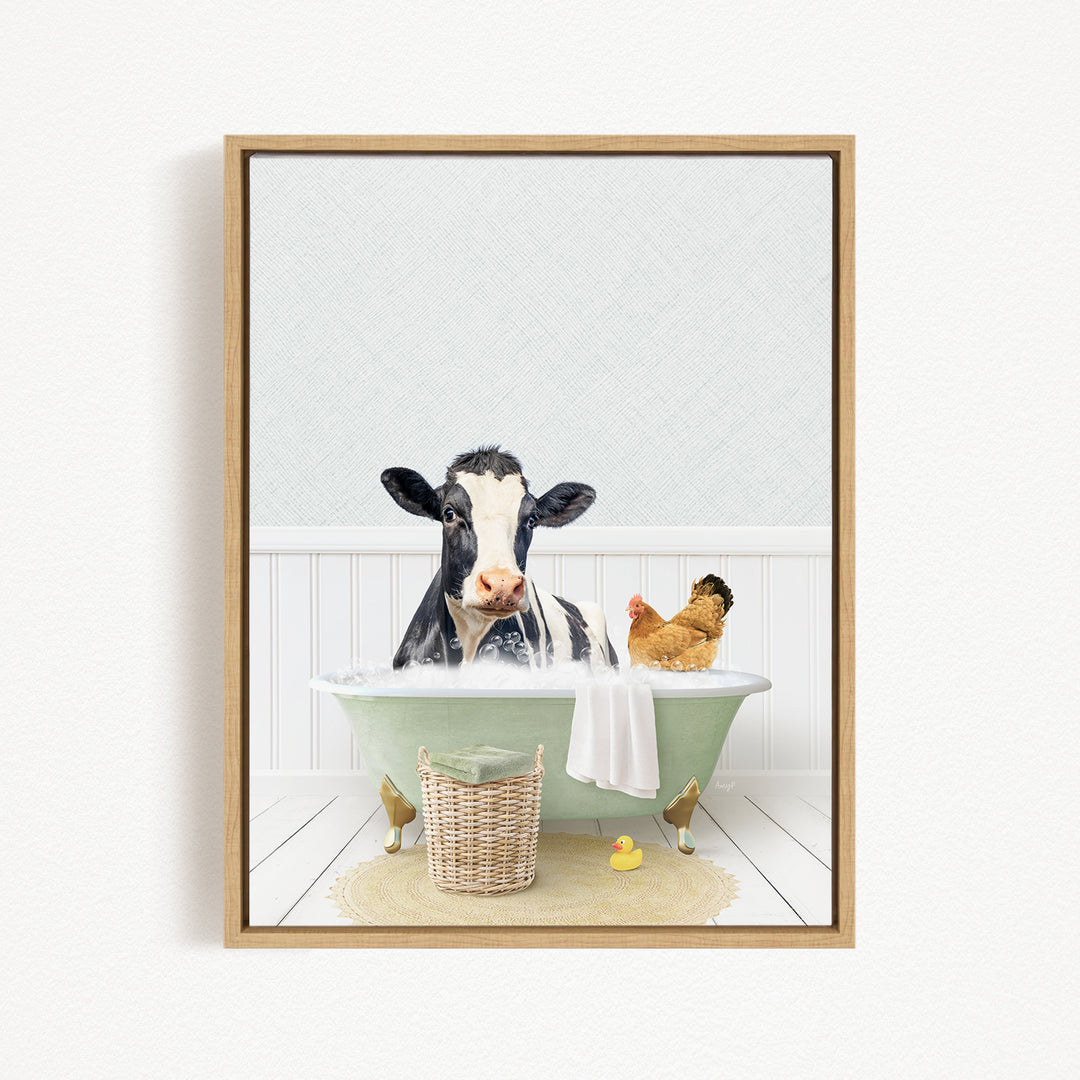 A cow is sitting in a bathtub filled with water, surrounded by a chicken and a rubber duck, creating a whimsical and playful scene.