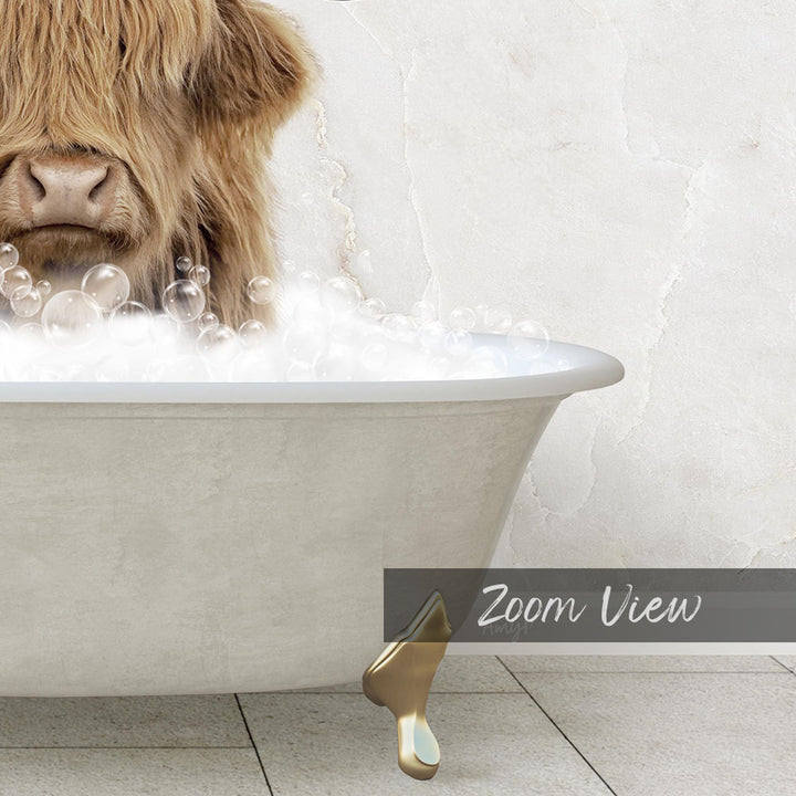 A cow is sitting in a bathtub filled with bubbles, creating a whimsical and amusing scene.