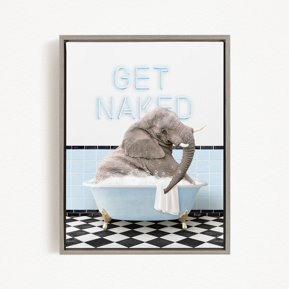 An elephant sitting in a bathtub with the text "GET NAKED" displayed above it.