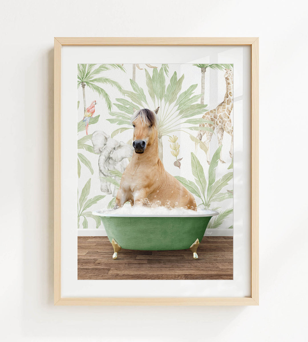 A horse is sitting in a green bathtub, surrounded by tropical foliage and a giraffe in the background.