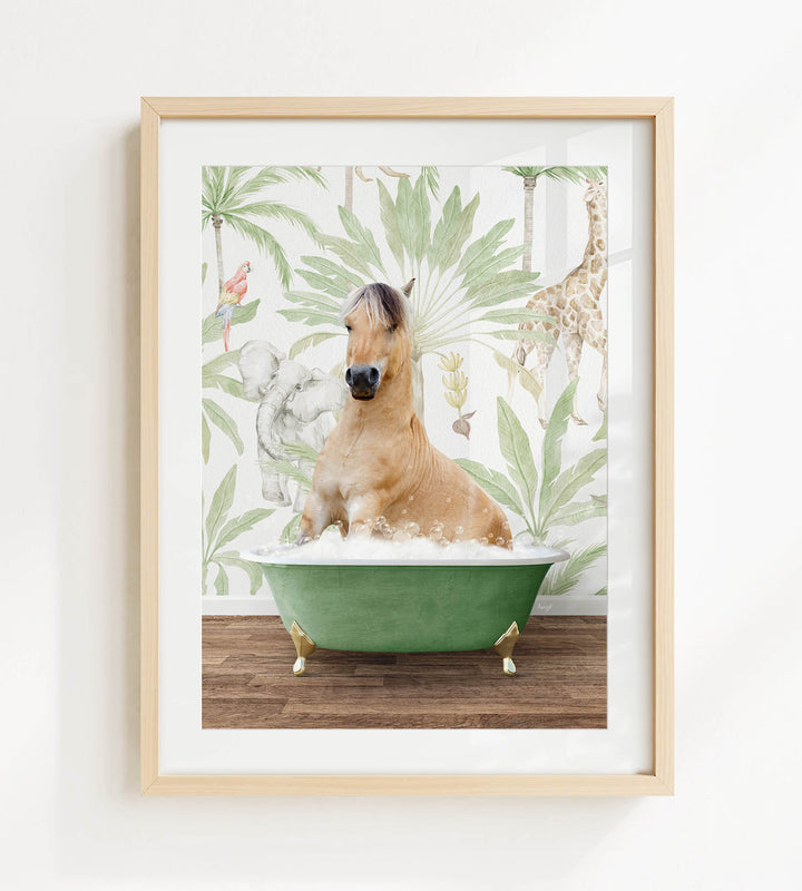 A horse is sitting in a green bathtub, surrounded by tropical foliage and a giraffe in the background.