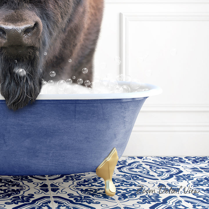 A dog with a long, shaggy coat is standing in a blue bathtub filled with bubbles, with its head submerged in the water.