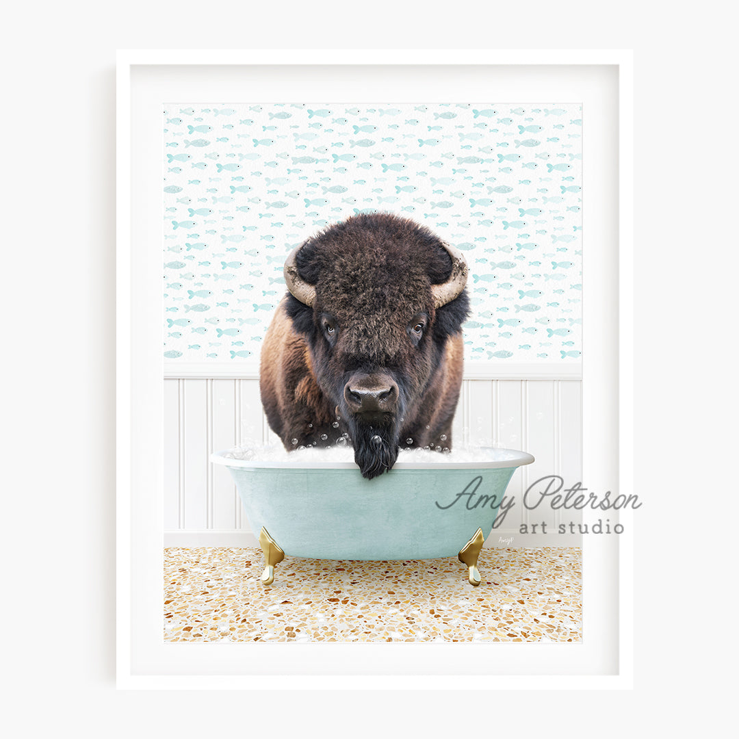 a picture of a bison in a bath tub