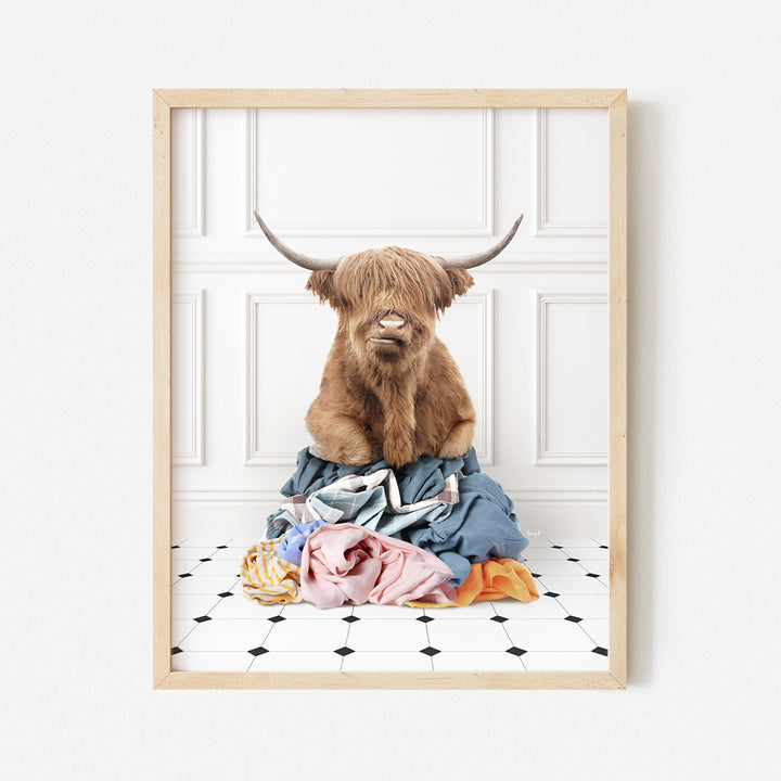 a framed photograph of a highland cow sitting on a pile of clothes