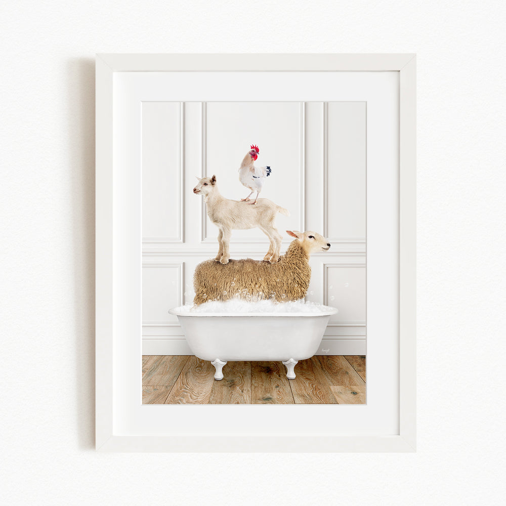 A white bathtub filled with water, with a goat standing on top of a sheep and a rooster perched on a sheep.