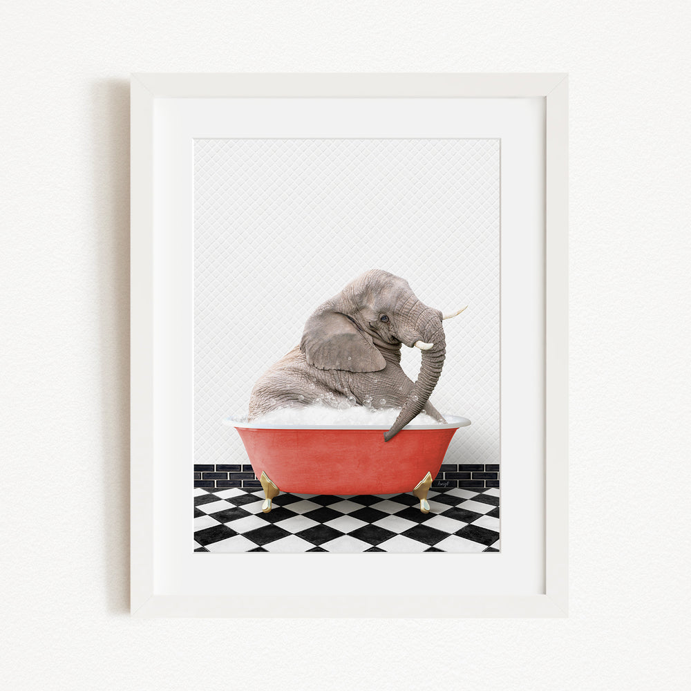 A gray elephant sitting in a red bathtub filled with water, surrounded by a black and white checkered floor.