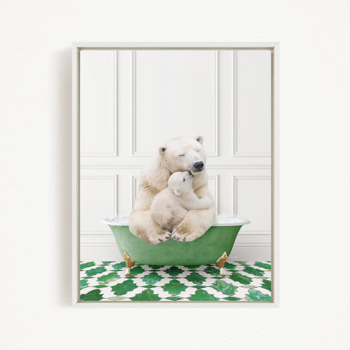 A polar bear sitting in a green bathtub, with its head resting on a baby polar bear.
