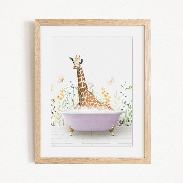 A giraffe sitting in a purple bathtub filled with bubbles, surrounded by flowers and butterflies.