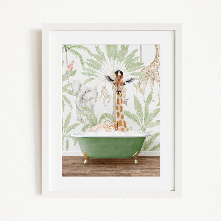 A giraffe is standing in a green bathtub filled with water, surrounded by various animals and plants, creating a whimsical and playful scene.