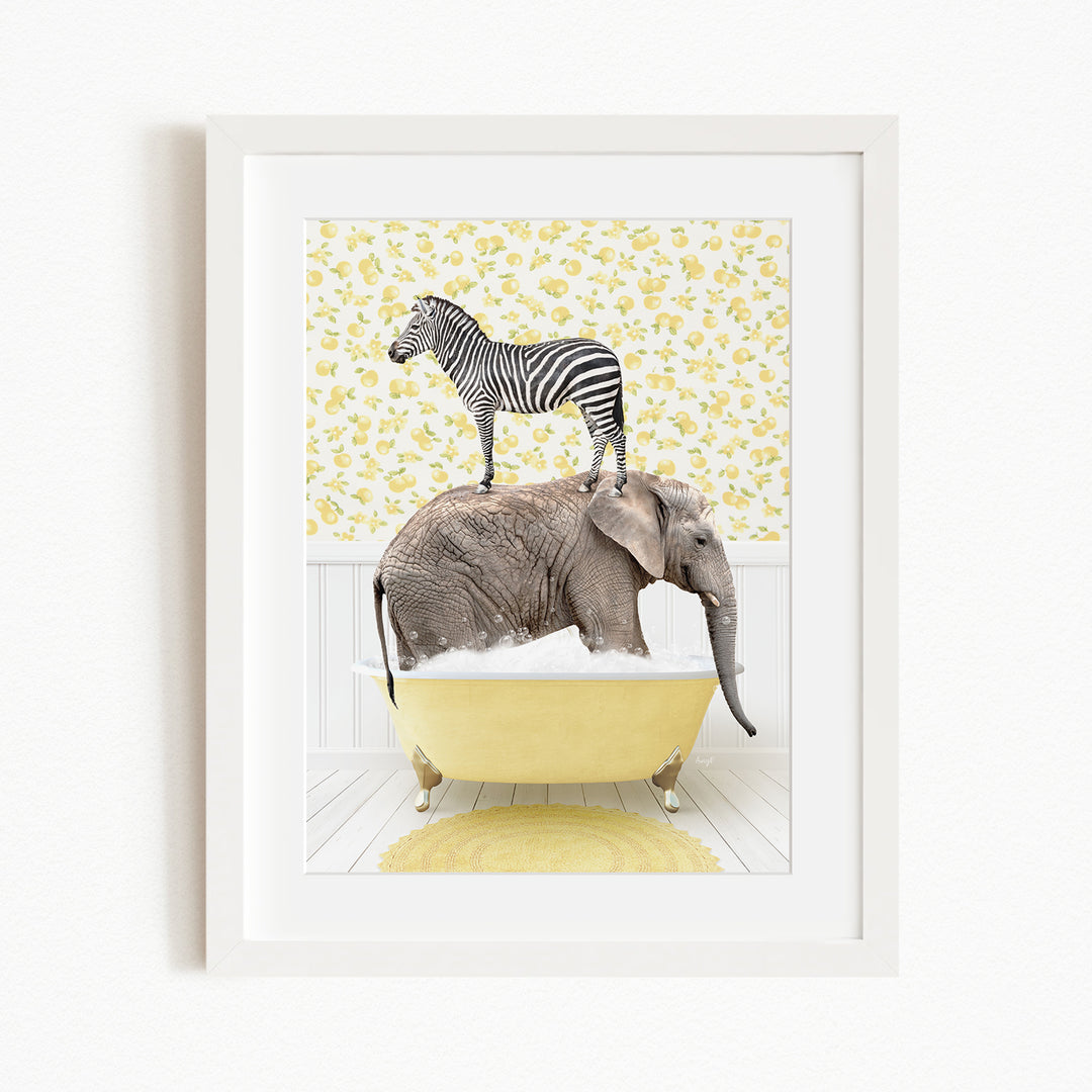 A zebra standing on an elephant's back in a yellow bathtub, with a yellow floral wallpaper in the background.