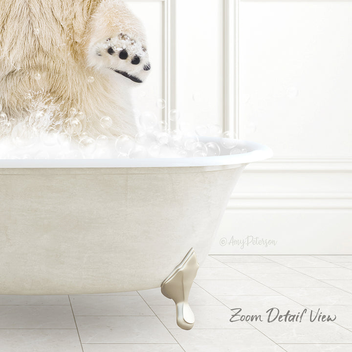 A polar bear is standing in a bathtub filled with bubbles, with its paw raised in the air.