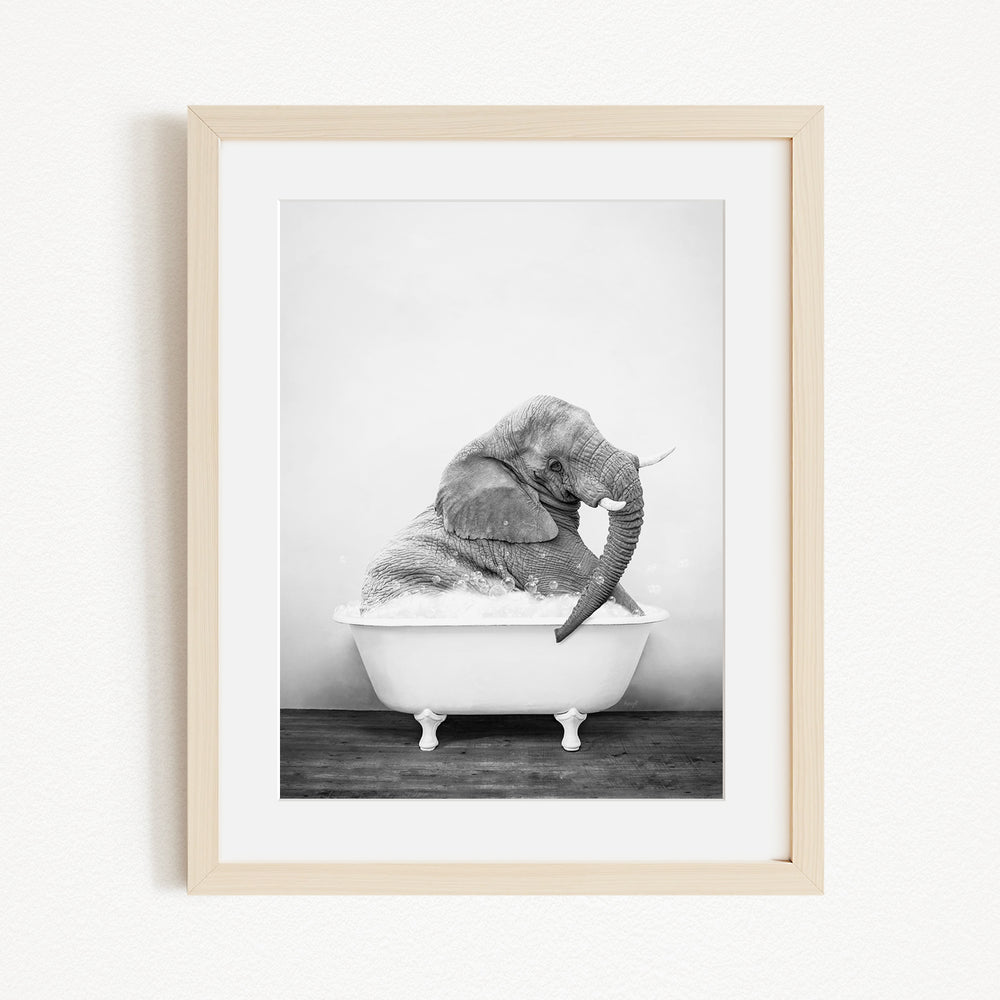 A black and white photograph of an elephant sitting in a bathtub, with its trunk raised and appearing to be enjoying the bath.