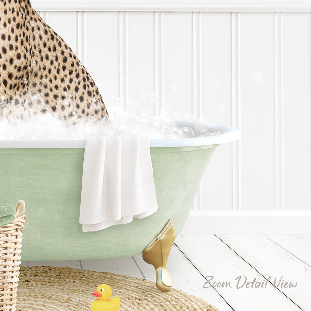 A leopard print bathtub filled with water and bubbles, with a towel and rubber duck nearby, and a basket in the background.