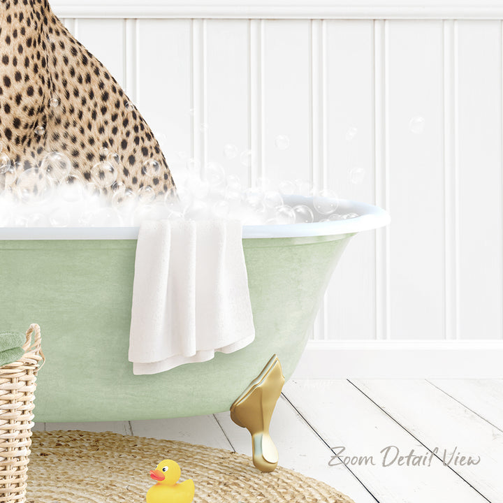 A leopard print bathtub filled with water and bubbles, with a towel and rubber duck nearby, and a basket in the background.