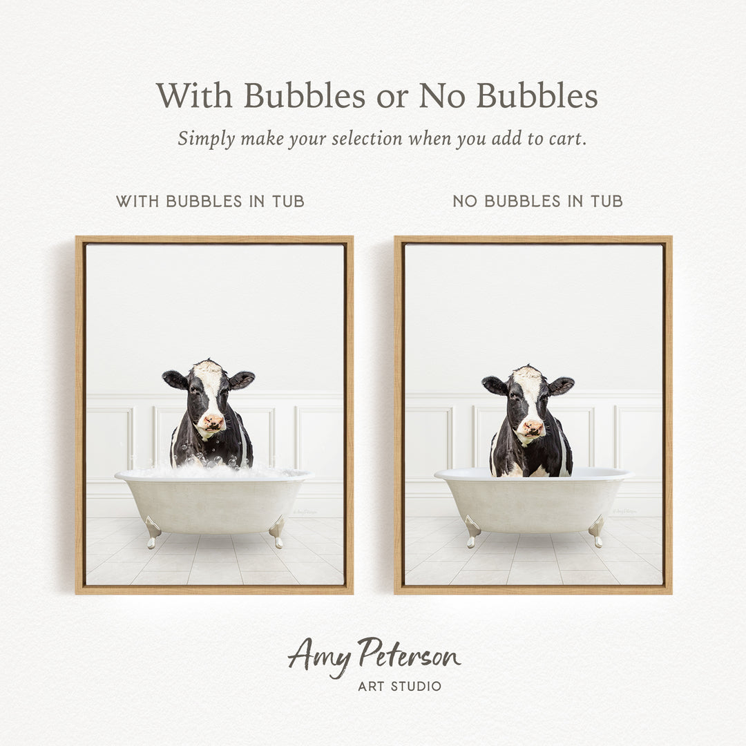 The image is a collage of two framed pictures, each depicting a cow sitting in a bathtub. The cow in the left frame has bubbles in the tub, while the cow in the right frame does not have bubbles. The collage is titled "With Bubbles or No Bubbles" and is created by Amy Peterson from Art Studio.