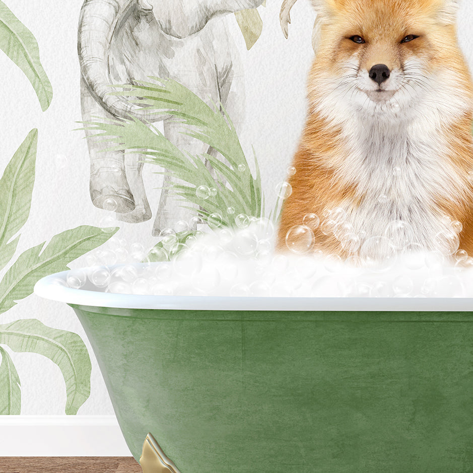 a fox is sitting in a bathtub full of bubbles