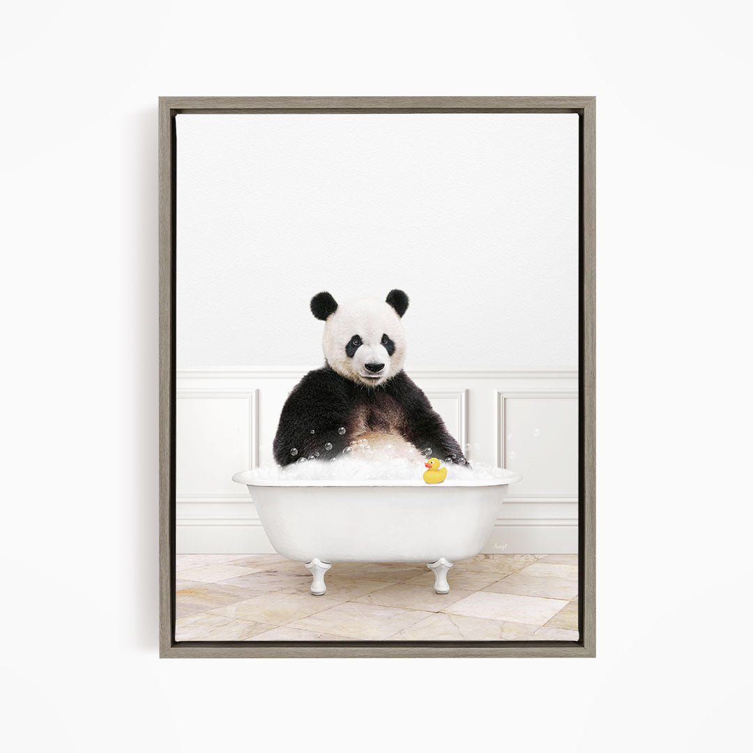 A panda bear sitting in a white bathtub, surrounded by bubbles, with a rubber duck floating nearby.
