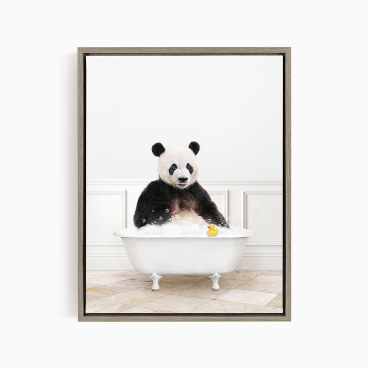 A panda bear sitting in a white bathtub, surrounded by bubbles, with a rubber duck floating nearby.