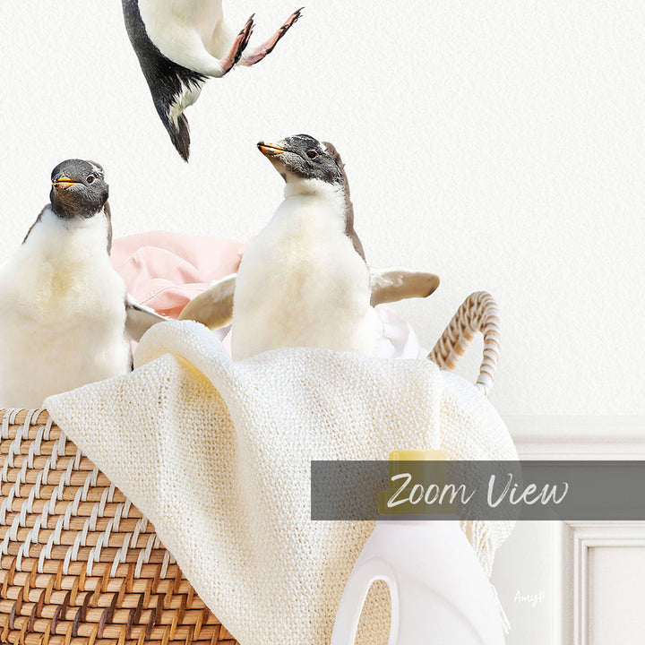 A group of penguins sitting in a woven basket, with one penguin standing on its hind legs.