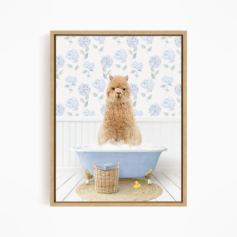 A fluffy brown dog sitting in a blue bathtub filled with bubbles, surrounded by a wicker basket and rubber duckies.