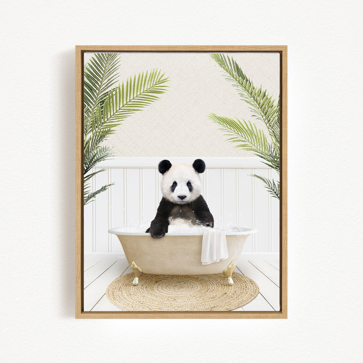A panda bear sitting in a bathtub filled with water, surrounded by green plants.