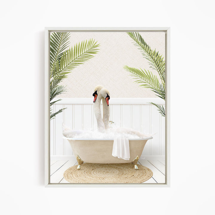 A pair of swans sitting in a bathtub filled with bubbles, surrounded by green palm leaves.