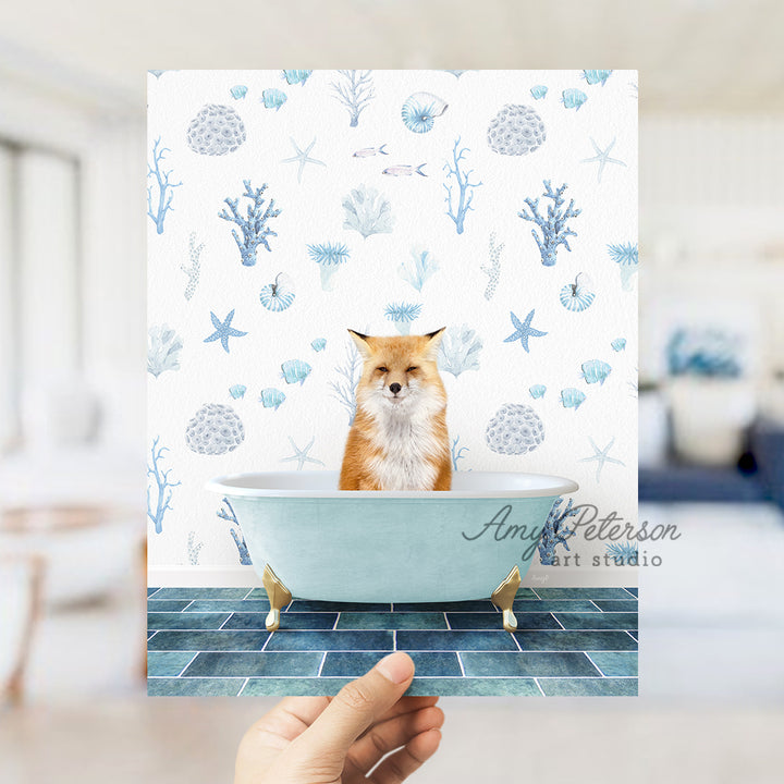 a person holding up a card with a picture of a cat in a bathtub