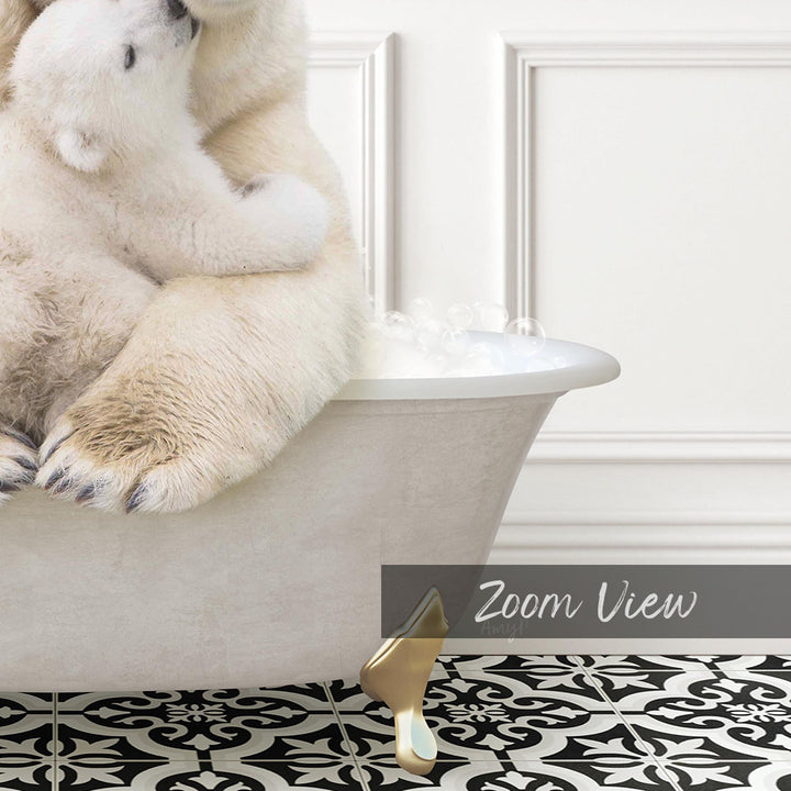 A polar bear sitting in a bathtub, surrounded by bubbles, with a text overlay that reads "Zoom View".