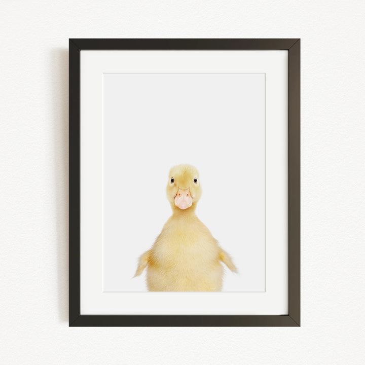 A cute yellow duck with a pink beak is the main subject of the framed picture, which is hung on a white wall.