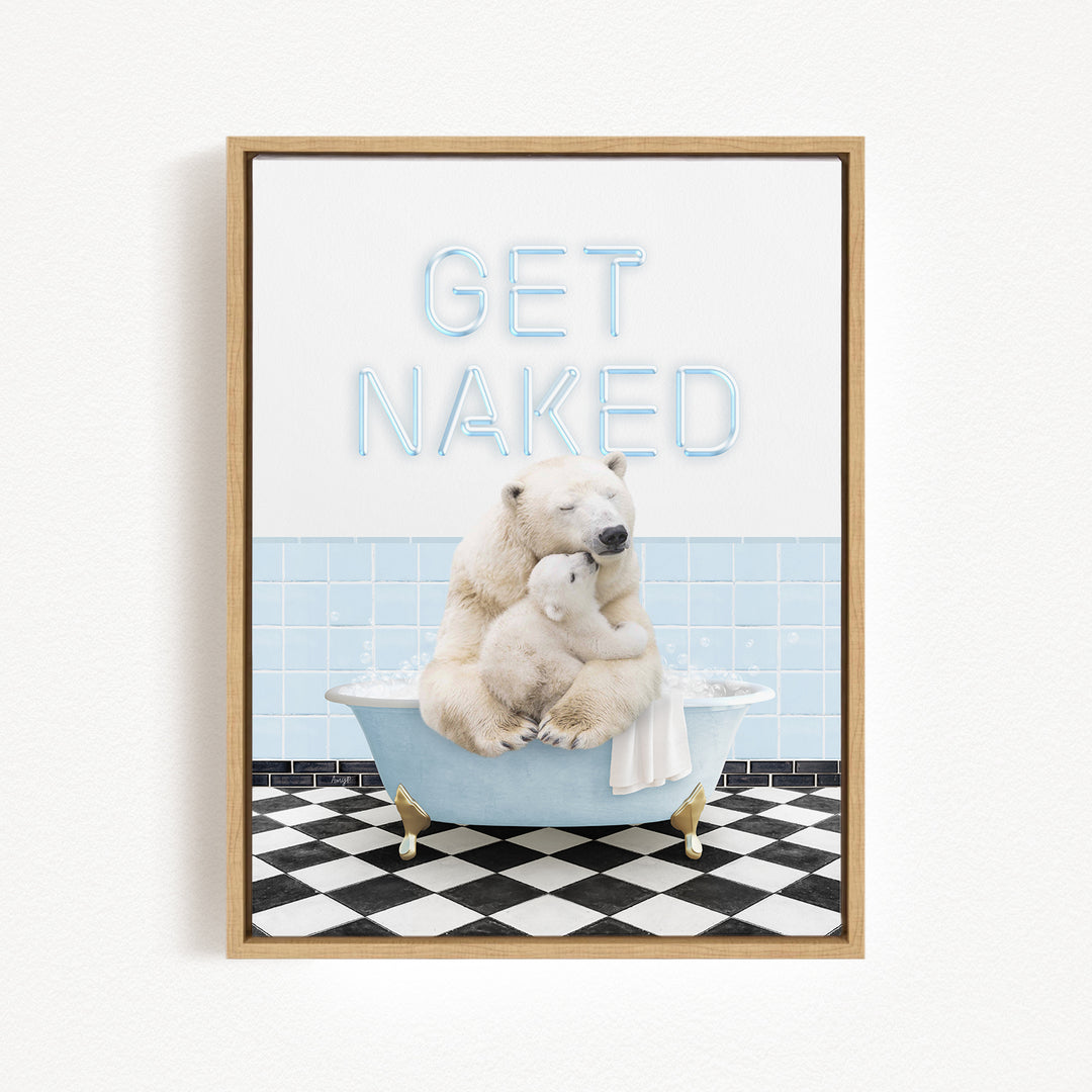 A polar bear sitting in a bathtub with a baby bear, with the text "GET NAKED" displayed above them.
