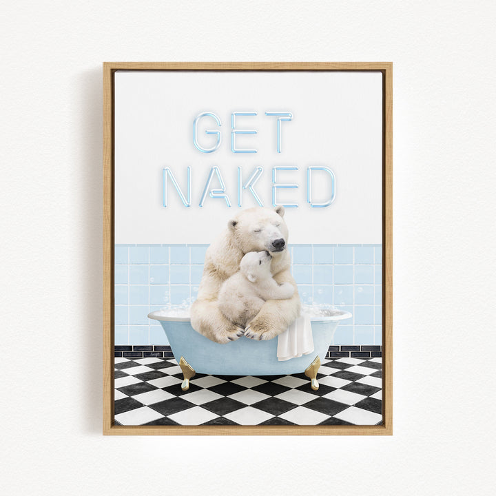 A polar bear sitting in a bathtub with a baby bear, with the text "GET NAKED" displayed above them.