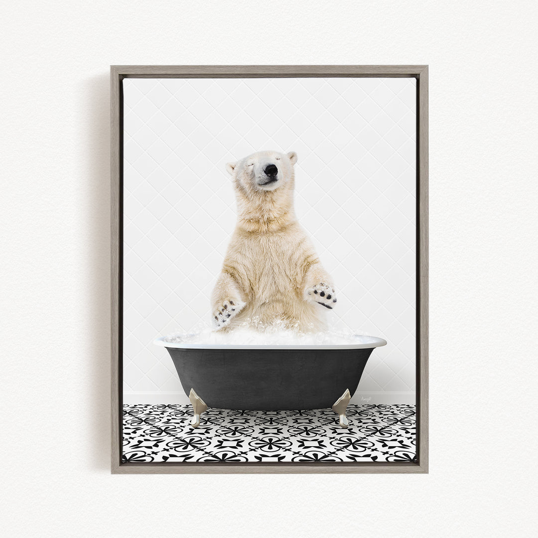 A polar bear standing in a bathtub filled with water, with its paws raised in the air.