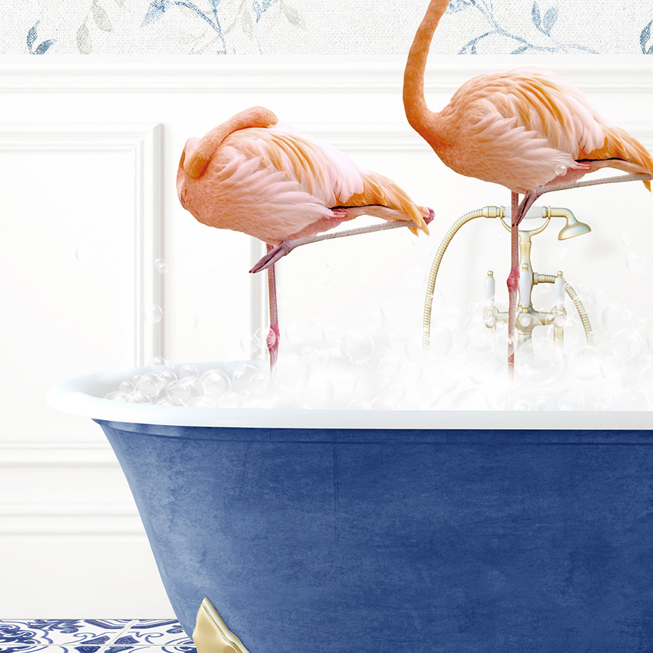 two flamingos standing on legs in a bathtub