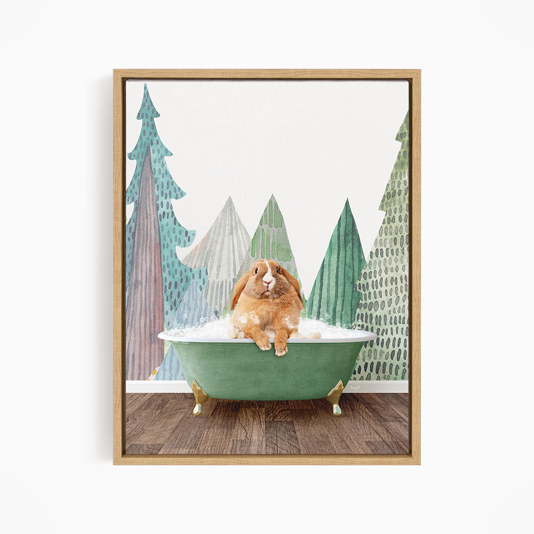 A brown rabbit sitting in a green bathtub, surrounded by a forest scene with trees and a snowy landscape.