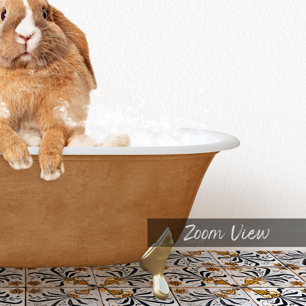 A brown rabbit sitting in a bathtub filled with water, with bubbles around it.