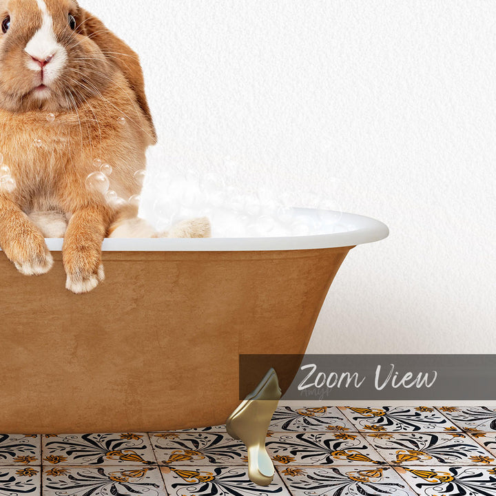 A brown rabbit sitting in a bathtub filled with water, with bubbles around it.